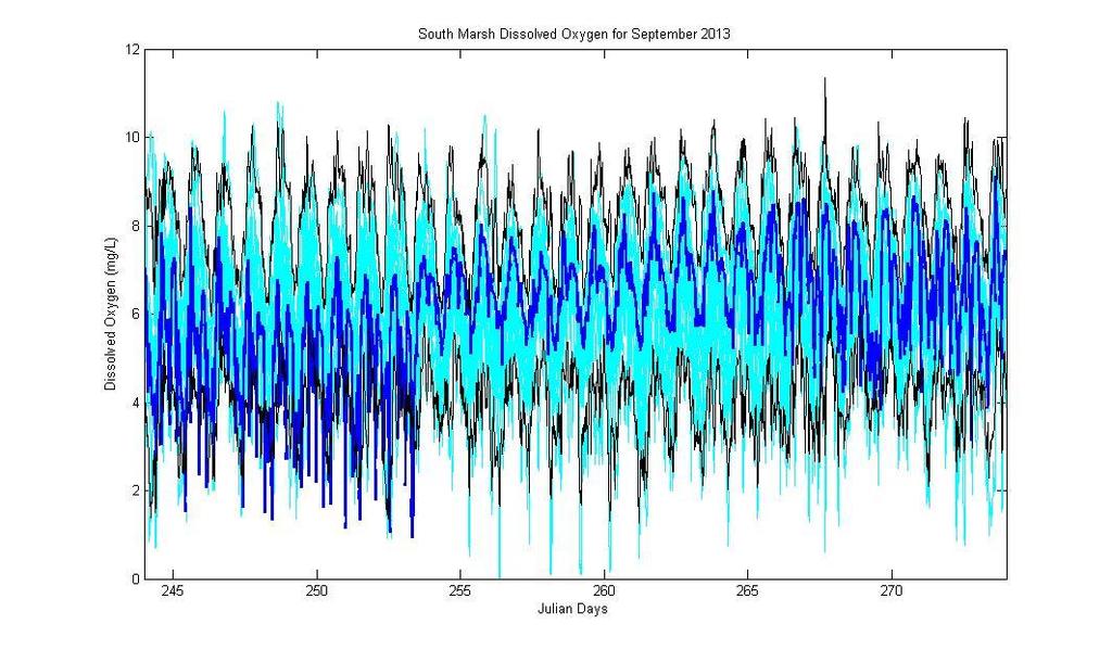 Figure 8. Dissolved oxygen levels in South Marsh for September 2013. No significant stratification of the water column with respect to temperature or dissolved oxygen was detected in September 2012.