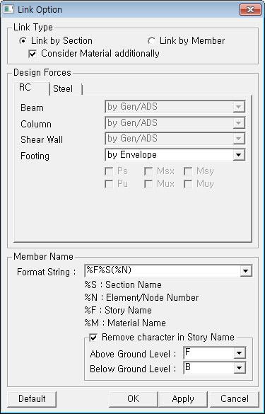 01. midas Gen Link 8. How to modify the default setting of member name for the imported member? Format of imported member name can be specified by the user in Link Option dialog box.