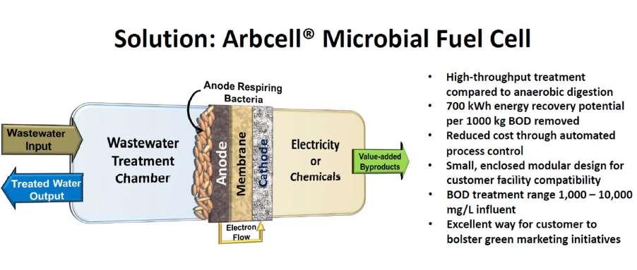 Microbial Fuel Cells High-throughput treatment compared to anaerobic digestion 700 kwh energy recovery potential per 1000 kg BOD removed Reduced cost through automated process