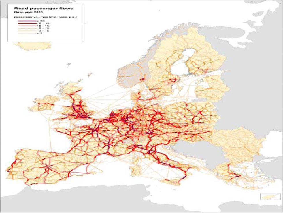 Figure 14 TRANS-TOOLS road traffic network. Passenger car volumes p.a. for base year 2000 Source: TRANS-TOOLS, 2008.