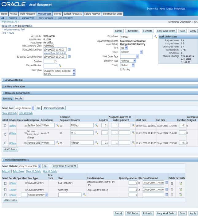 Figure 1 Single-Page Work Order User Interface Express Work provides users with a quick way to report work that has been completed without any planning often referred to as after-the-fact reporting.