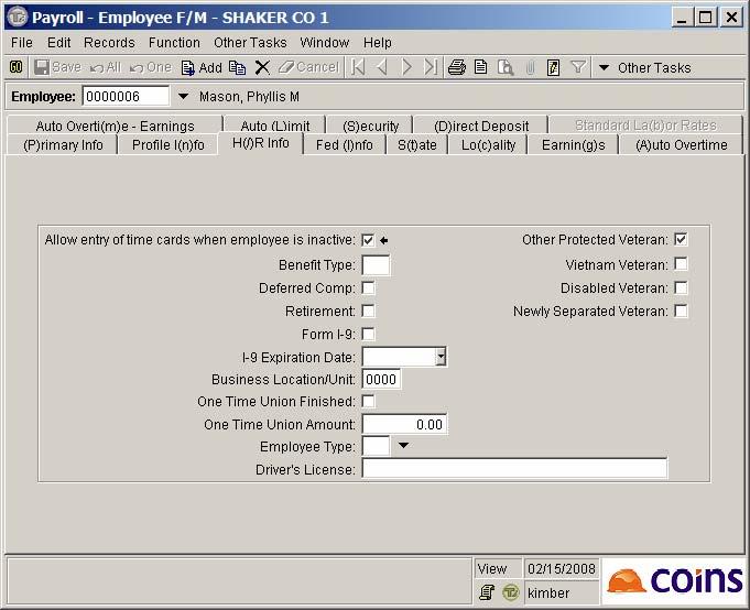 Figure 2: COINS Ti Employee File > H/R Info Tab Enter Time Cards for the Inactive Employee There are a number of ways to enter employee time cards: using the Enter Time Cards menu, entering a manual