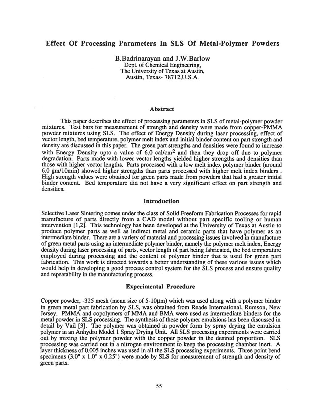 Of Prcessing Parameters In SLS Of Metal...Plymer Pwders B.Badrinarayan and J.W.Barlw Dept. fchemical Engineering, The University ftexas at Au