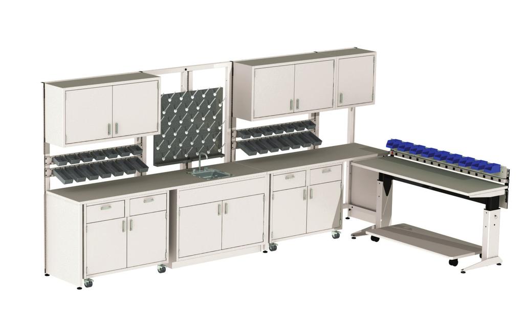 Epoxy resin, Chemsurf laminate or stainless steel Subcontainers Electric or pin-adjustable tables support loads from 750-1,000 pounds, evenly distributed Electrical and
