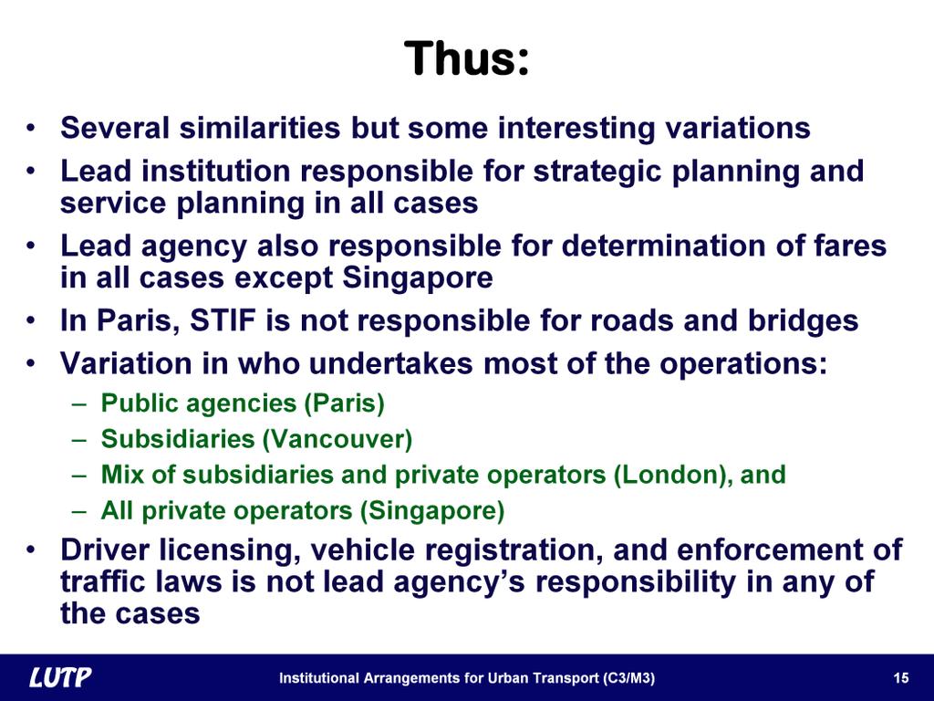 Slide 15 Thus, we see several common features and yet some interesting variations in how urban transport is managed and regulated in these cities.