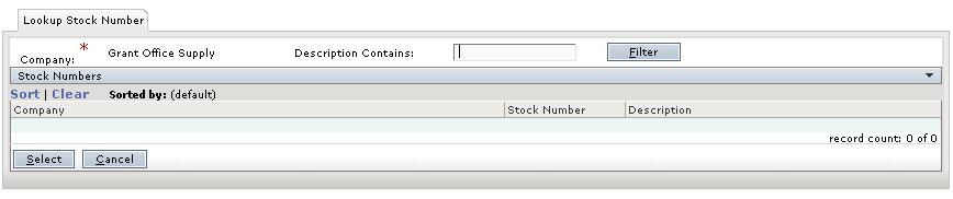 REQUISITIONS Using the Lookup Stock Number Tab The Lookup Stock Number tab is accessed by clicking the field. The Lookup Stock Number tab is displayed.