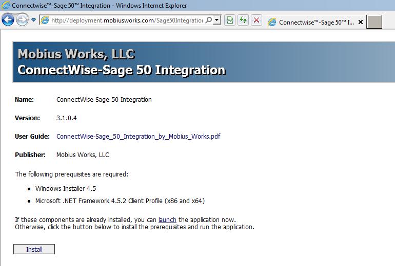 Installation To install the ConnectWise Manage-Sage 50 Integration Application, follow the