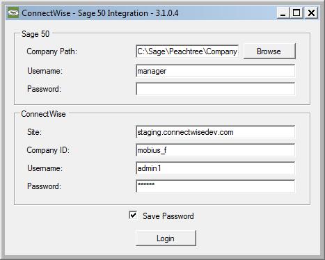 Using the Application Logging In The first time you run the application, you will be prompted for both your Sage 50 and Manage credentials.