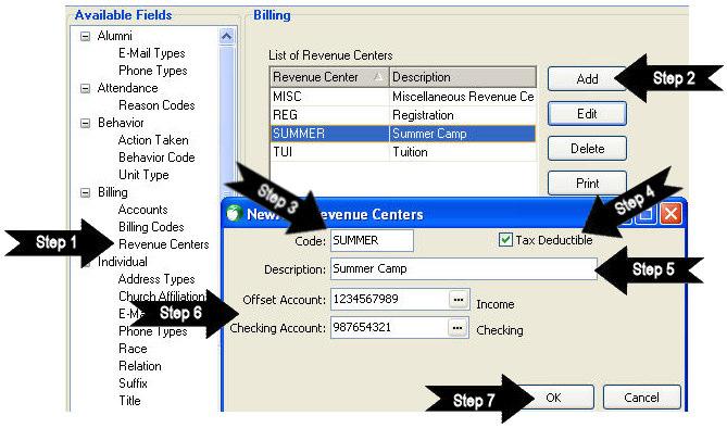 Set up your Revenue Centers to make invoicing students easier. Revenue Centers let you track the flow of income. To set up your Revenue Centers: Step 1. Step 2. Step 3. Step 4. Step 5. Step 6. Step 7.
