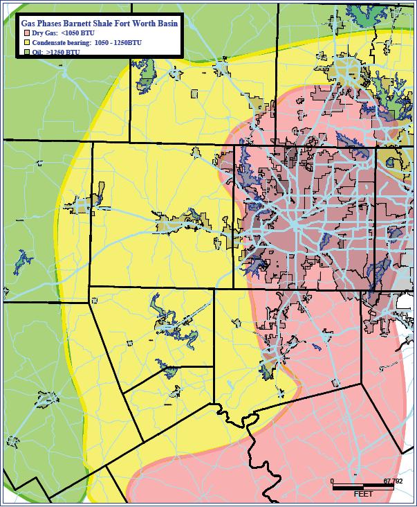 Barnett Shale Natural Gas Production and Air Quality 4 approximate boundary areas of dry gas (pink), richer gas with condensate production (yellow), and even