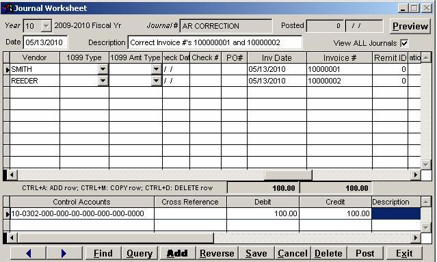 As you TAB out of the Account Code field, the Cross Reference (if one exists) automatically displays. Enter either a Debit or Credit amount (Required).