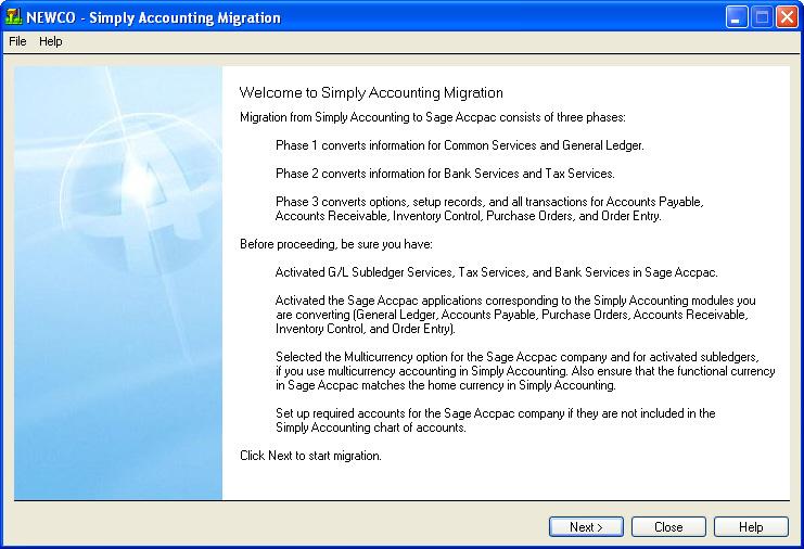 Run the Simply Accounting Migration Program 2.