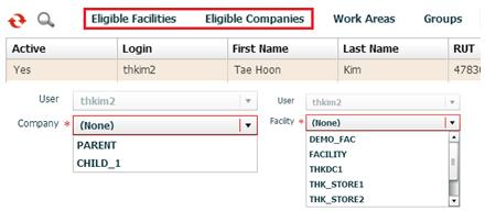 Figure 1-16: Assigning Users to Facilities and Companies A sample User/Group set up is shown below: USER John Doe GROUP RECEIVING UI MENU 1.