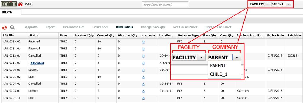Figure 1-1: Parent-Child Company Example Diagram To toggle a specific Distribution Center (DC) view for a company, select the choices from the two dropdown menus located at the top right of the UI