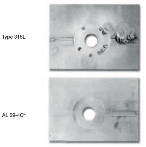 Figure 4 Test Panels with Artificial Crevices after 9 Months of Exposure to Seawater. Seawater Testing AL 29-4C alloy has also been tested in a seawater immersion test.