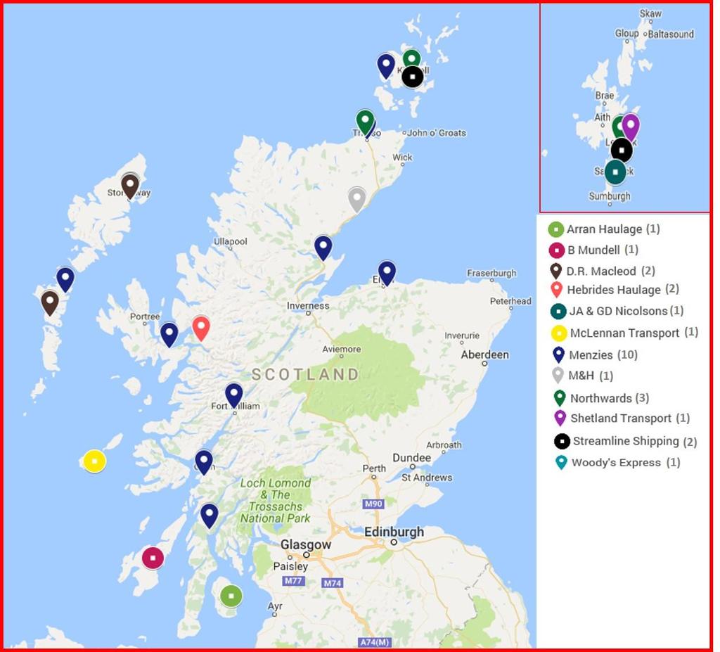 Figure 4 Map showing depot locations in the surcharged areas Depot Clusters: Stornoway Woody s Express, DR Macleod, Hebrides Haulage and Menzies Parcels all have depots.