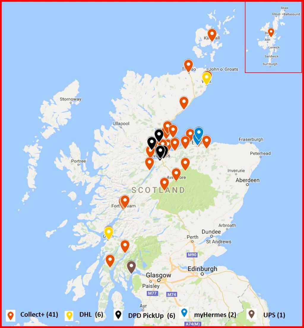 Figure 5 Location of PUDO network outlets CollectPlus is still building its network in the Highlands and Islands and does not currently service the Western Highlands or the Hebrides.