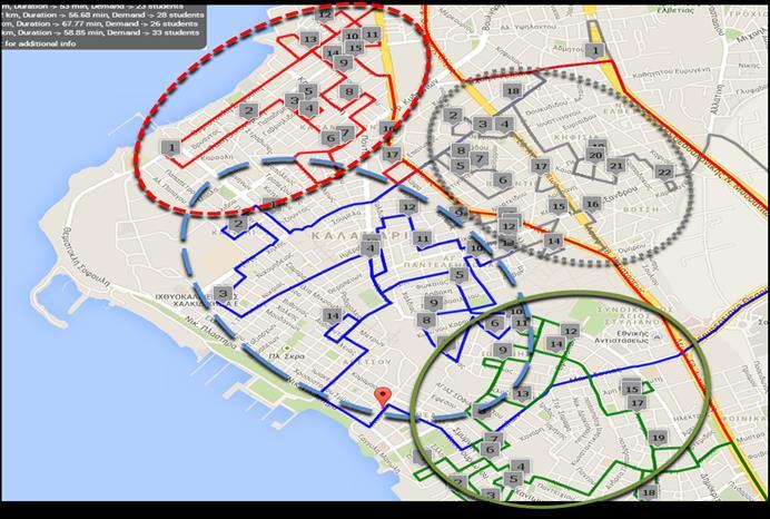 0 FIGURE Clusters of students pickup/delivery points in the South-East part of the city during the first morning shift.