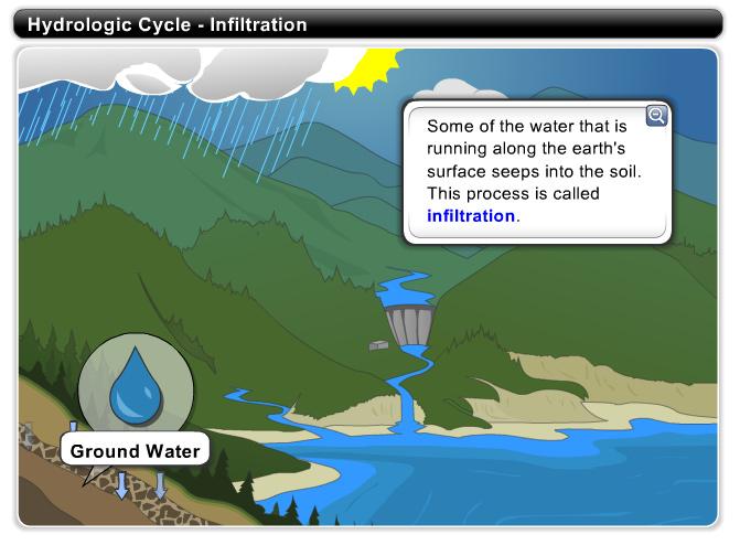 Hydrologic Cycle - Infiltration Some of the water that is running along the earth s surface seeps into the soil.