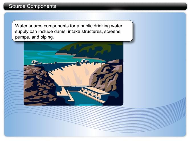 Source Components Water source components for a public drinking water supply can include dams, intake structures, screens, pumps, and piping.