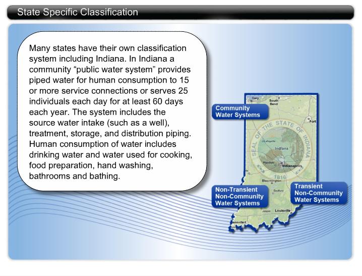 systems and non-transient noncommunity water systems. State Specific Classification Many states have their own classification system including Indiana.
