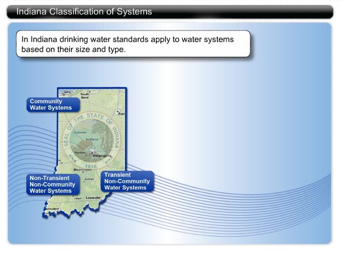 Indiana Classification of Systems In Indiana drinking water standards apply to water systems based on their size and type.