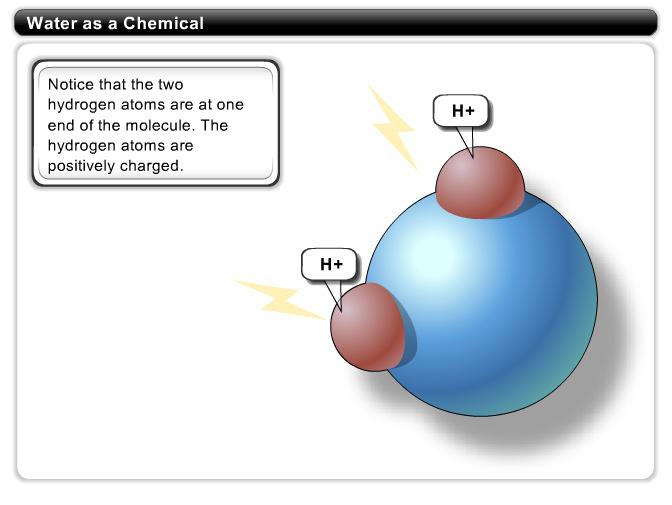 This molecule is given the chemical symbol H2O (H2 for two hydrogen atoms and O for one oxygen atom).