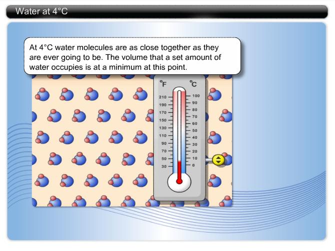 The water molecule moves slowest when the water is in the form of ice, and fastest when the water is a vapor.