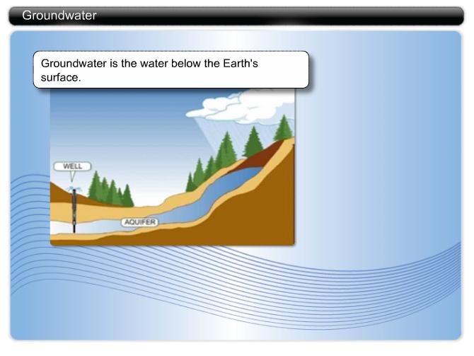 Groundwater Groundwater is the water below the Earth s surface.