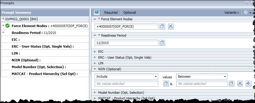 Readiness Posture Report in BusinessObjects Version #1 23-Jan-2016 Page 5 of 10 The NIIN, Model Number and MATCAT prompts offer the choice of including or excluding values and/or a range of values as