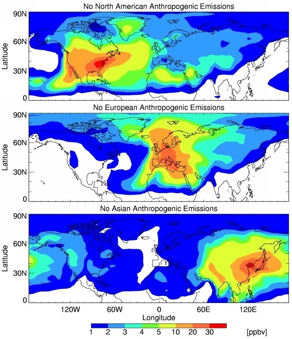 MEAN SURFACE OZONE INCREASE BY MAN-MADE NO x AND VOC EMISSIONS IN NORTH AMERICA,