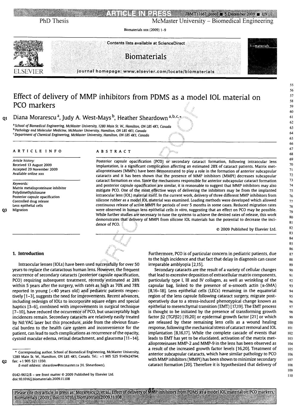 PhD Thesis Biomaterials xxx (2009) 1-9 ELSEVIER '.,...,,:. ::':.:' jourrla I homepage: www;elsevier.