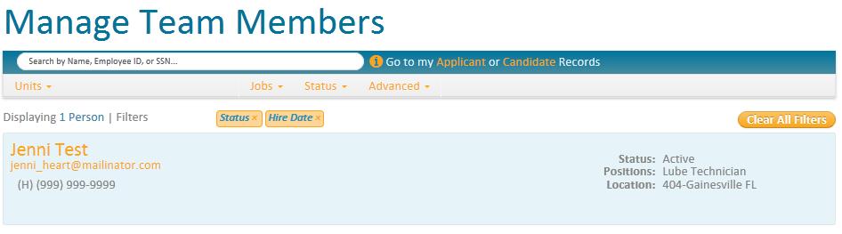 Step 10: Manager Completes Onboarding and I9 - Filter through Team Members 9 Team Member Dashboard On the Applicant Tracking Workspace, use the filters to find your applicant by simply typing in