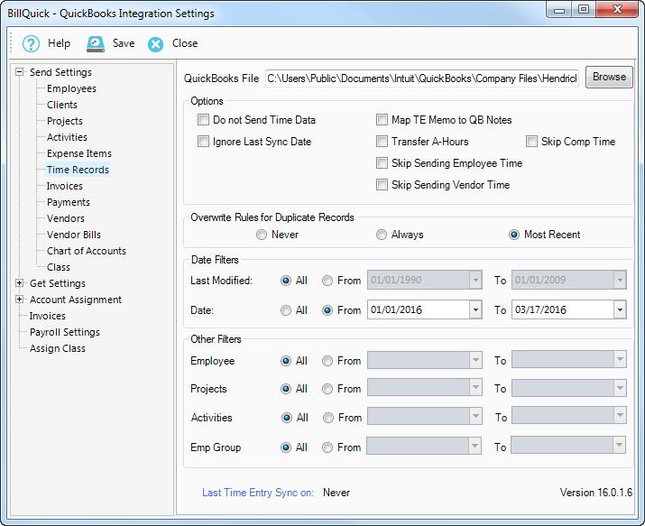Get Settings Get settings allow you to set rules for data transfer from QuickBooks to BillQuick database.