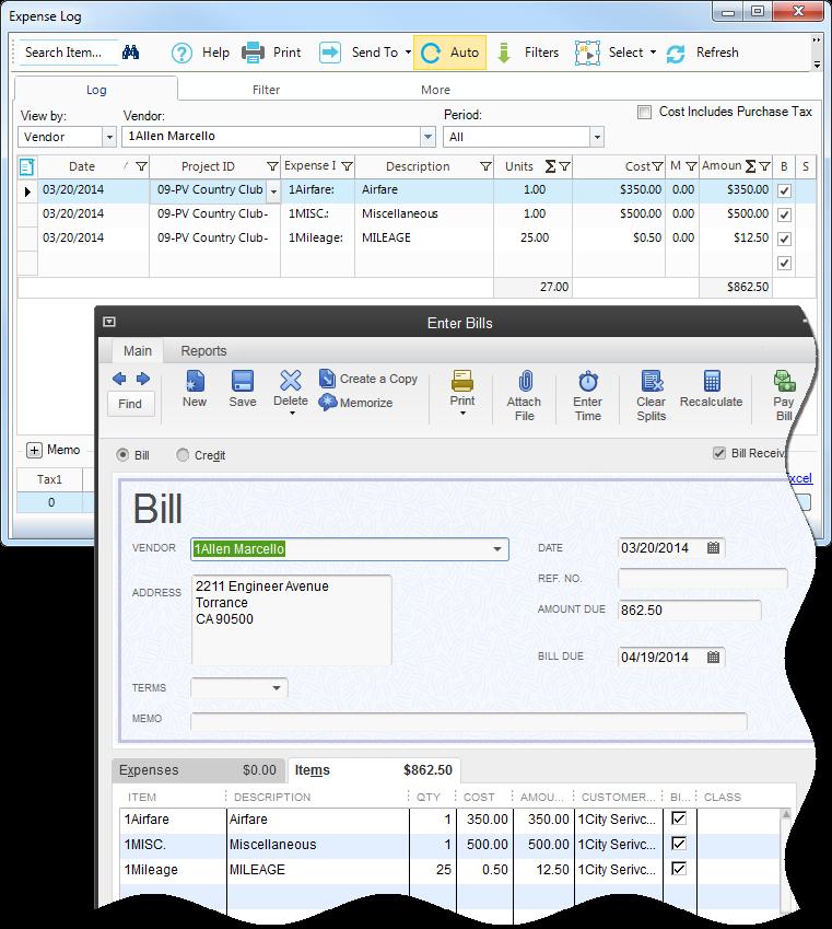 For detailed checking, in QuickBooks select Enter Bills from the Vendors menu. In BillQuick, select Time- Expense menu, Expense Log.