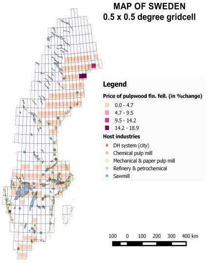Figure A16: Spatial distribution of price impacts for sawlogs from final felling under 10TWh scenario (left) and 20TWh scenario (right) in Sweden (in %change from BAU) Figure A17: Spatial