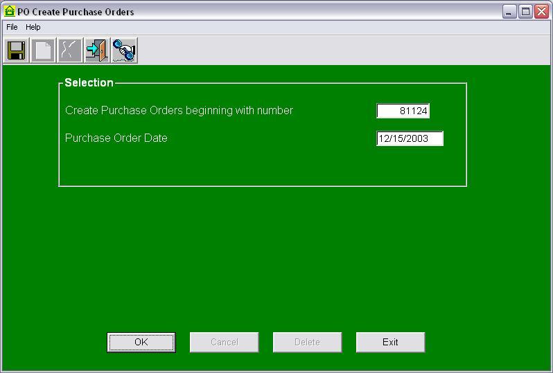 Figure C-14 This program gives the user the option of which purchase order number to create first and which purchase order date to use on all the purchase orders created.