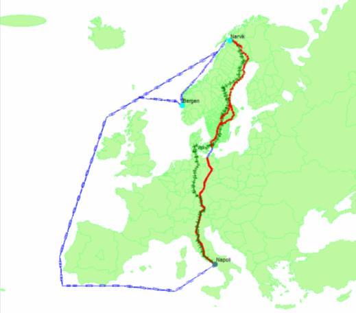 Figure 1: Studied transport routes by mode between Oslo and Rotterdam, passing Gothenburg and routes for the different modes between Narvik and Naples.