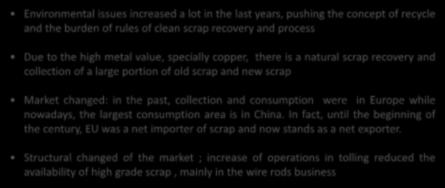 Scrap market ; high volatility market Environmental issues increased a lot in the last years, pushing the concept of recycle and the burden of rules of clean scrap recovery and process Due to the