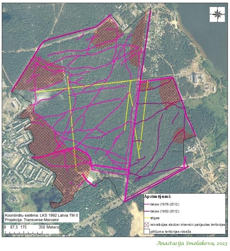 LU 72. zinātniskā konference. ĢEOGRĀFIJA septiņus datu slāņus, un, novērtējot teritorijas ar vislielāko taku blīvumu, tika izstrādāta taku tīkla karte Stropu meža masīvam (1.att.). 1. attēls.