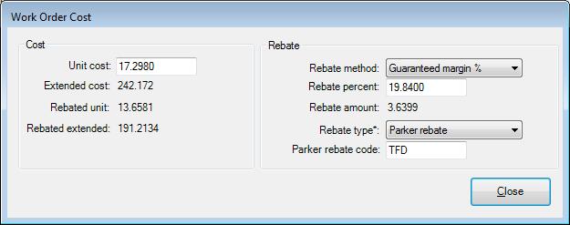 Clicking the button in the Estimated Order Cost box will display the Work Order Cost box. Here, you can see the unit cost and the extended cost along with rebate information.