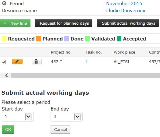 5.3 Confirm days worked (Status Done ) To confirm days have been worked (in the past), click on Submit actual working days. Select the period. Click on OK.
