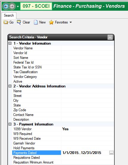 Review Vendor Setup Vendor records are critical part of review for 1099 Go to Finance Purchasing Vendors Limit your list to only those vendors with the 1099 flag set in their record and those that