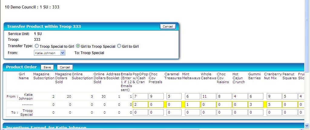 NOV. 7, 2014 TIMELINE & STEP BY STEP INSTRUCTIONS Select Transfer Type, select the troop special then select the transfer to girl, enter transfer quantities in the middle row and click Save.