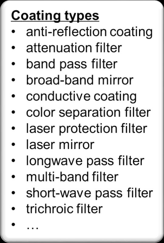 Functions by Optical Coatings A wide range of functions function: mirror filter beam-splitter incident angles spectral response polarization By varying layer material (oxides, fluorides, nitrides,