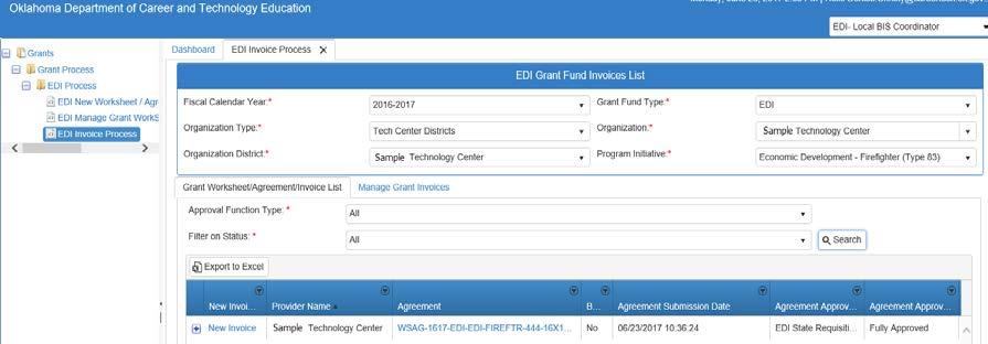 Step 8: EDI Grant Fund Invoices List - After hitting the Search button, select New
