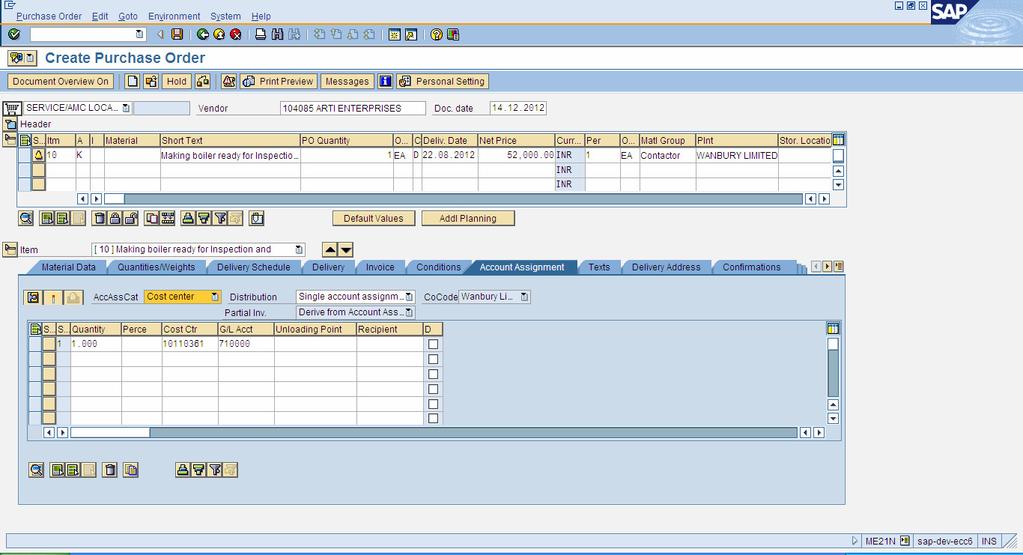 Create Purchase Order For Service Purchase PO Item Detail Account
