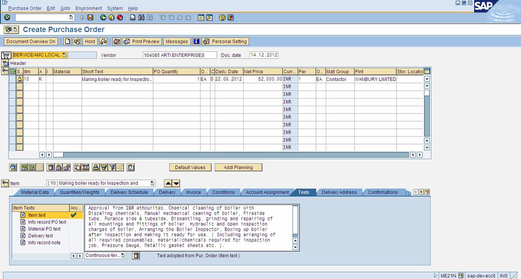 Create Purchase Order For Service Purchase PO Item Detail -Texts We need to manually