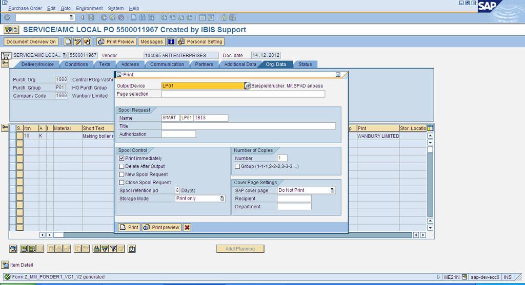 Service Purchase Order Print Preview Select out