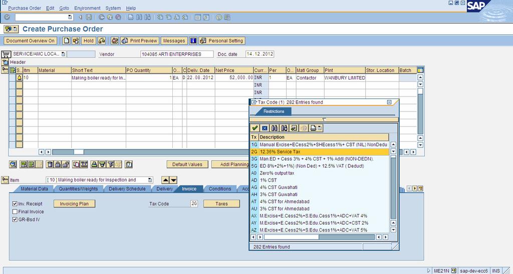 Create Purchase Order For Service Purchase PO Item Detail - Invoice Item Detail -> Invoice Tax Code ->